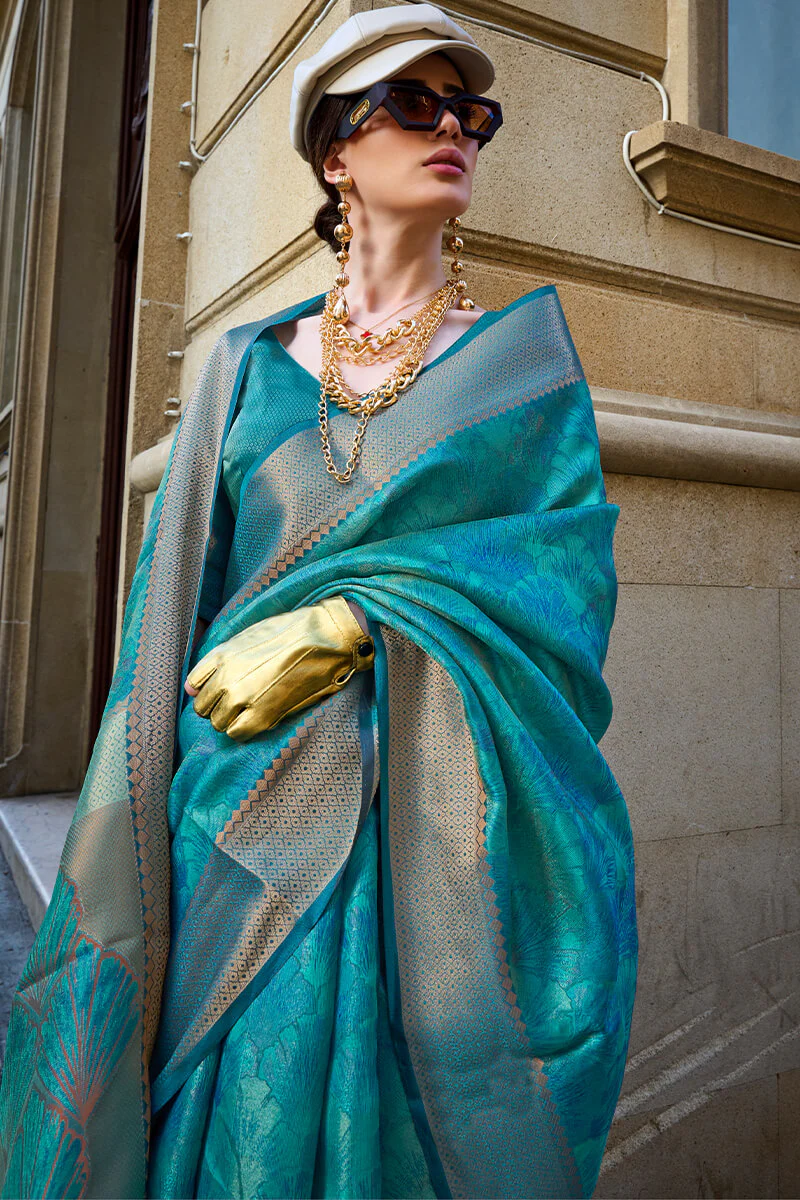 Deserving Rama Organza Silk Saree With Sizzling Blouse Piece - Image 2