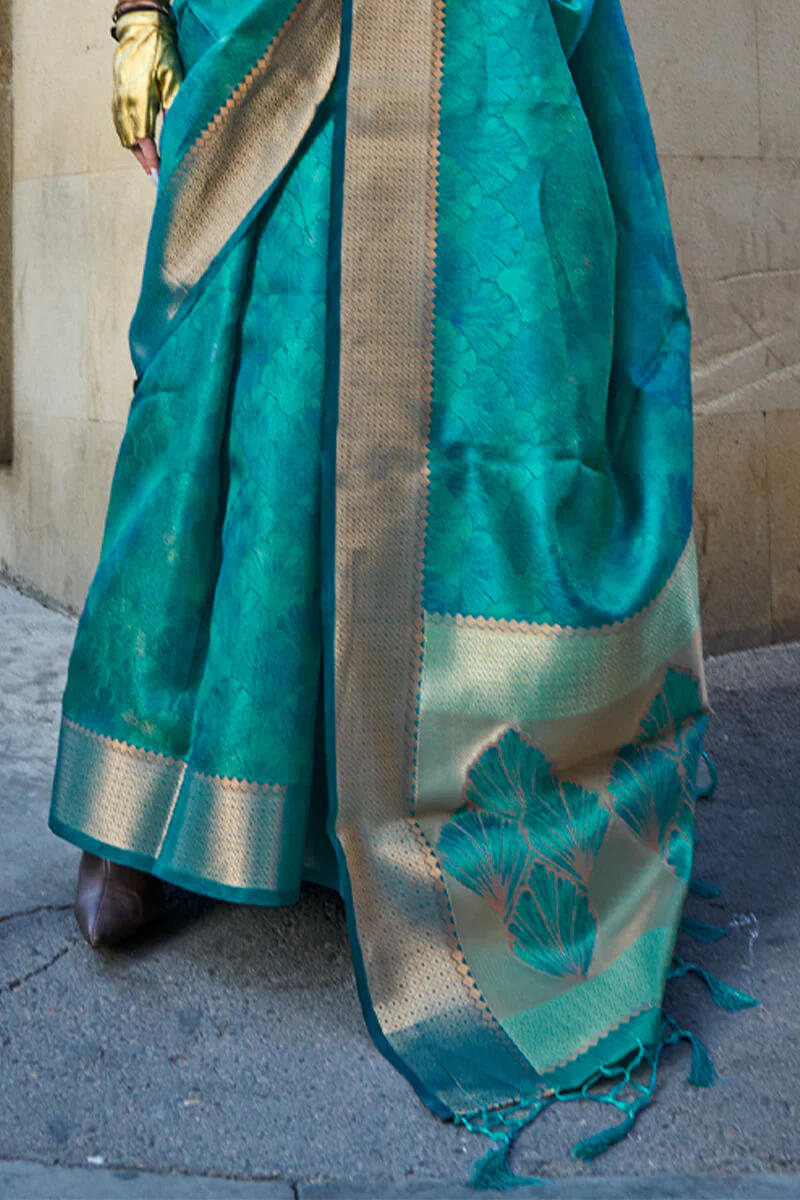 Deserving Rama Organza Silk Saree With Sizzling Blouse Piece - Image 3