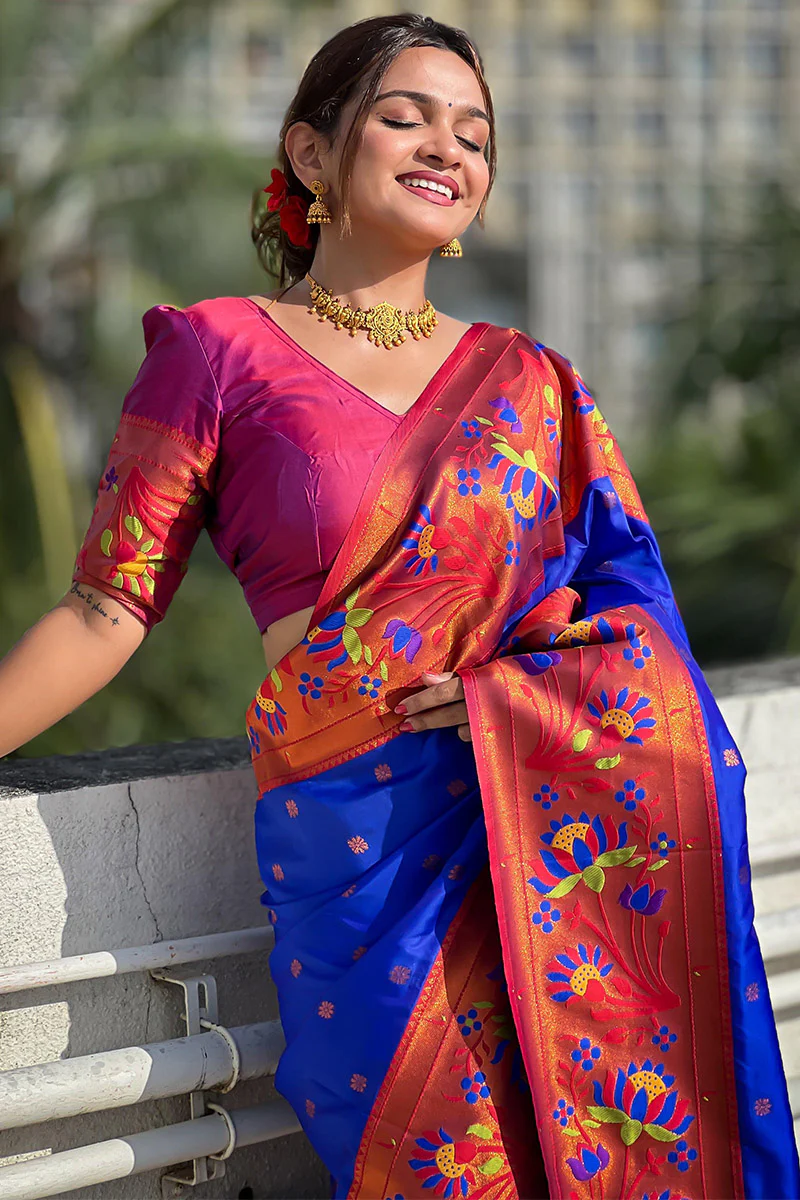 Deserving Royal Blue Paithani Silk Saree With Adorable Blouse Piece - Image 3
