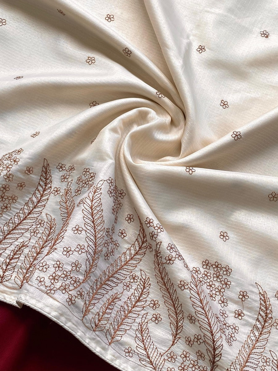 Designer Beige Embroidery Work Kota Silk Saree With Beauteous Blouse Piece - Image 3