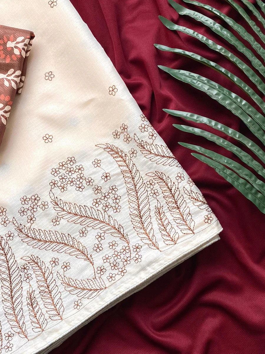 Designer Beige Embroidery Work Kota Silk Saree With Beauteous Blouse Piece - Image 6