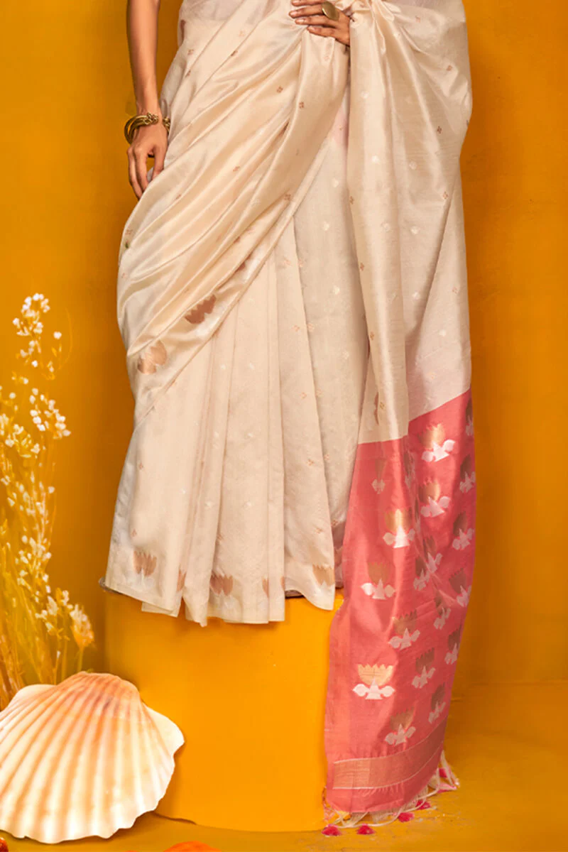 Designer Beige Soft Banarasi Silk Saree With Arresting Blouse Piece - Image 4