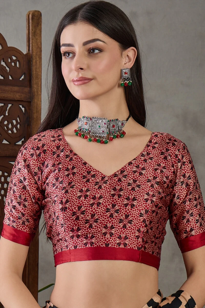 Designer Black Ajrakh Printed Semi Modal Silk Saree With Prodigal Blouse Piece - Image 4