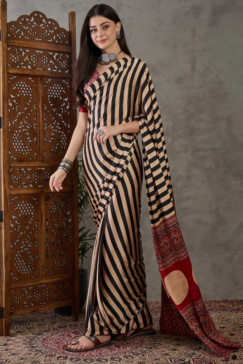 Designer Black Ajrakh Printed Semi Modal Silk Saree With Prodigal Blouse Piece - Image 5