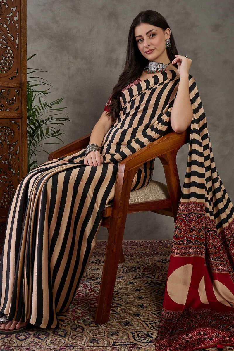 Designer Black Ajrakh Printed Semi Modal Silk Saree With Prodigal Blouse Piece - Image 6