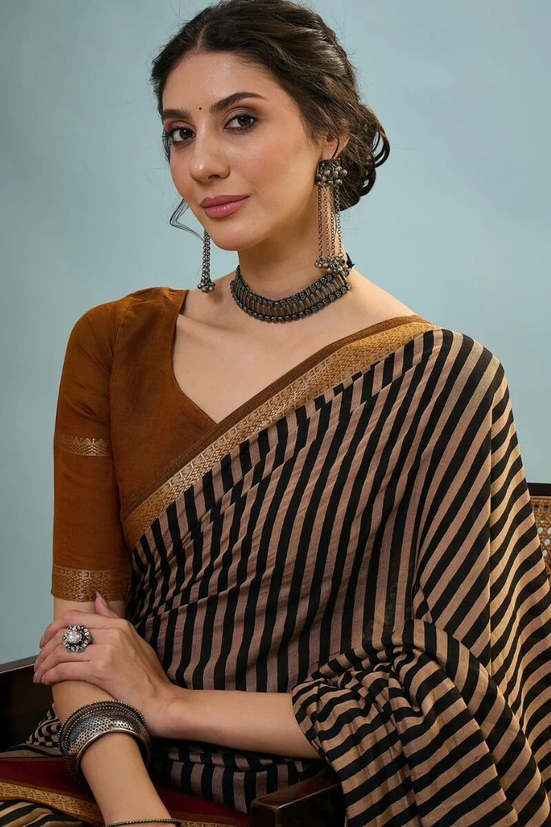 Designer Black Printed Cotton Silk Saree With Embellished Blouse Piece - Image 4