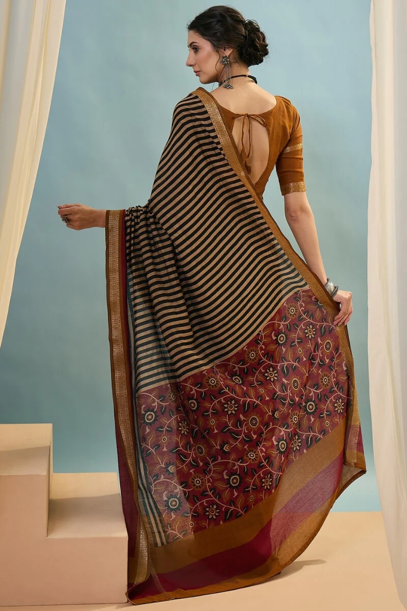 Designer Black Printed Cotton Silk Saree With Embellished Blouse Piece - Image 7