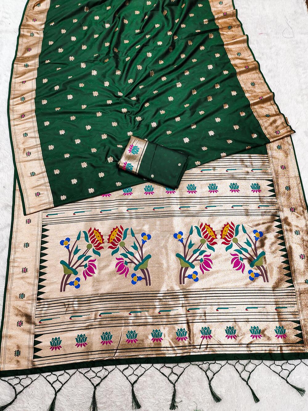 Designer Dark Green Paithani Silk Saree With Lagniappe Blouse Piece