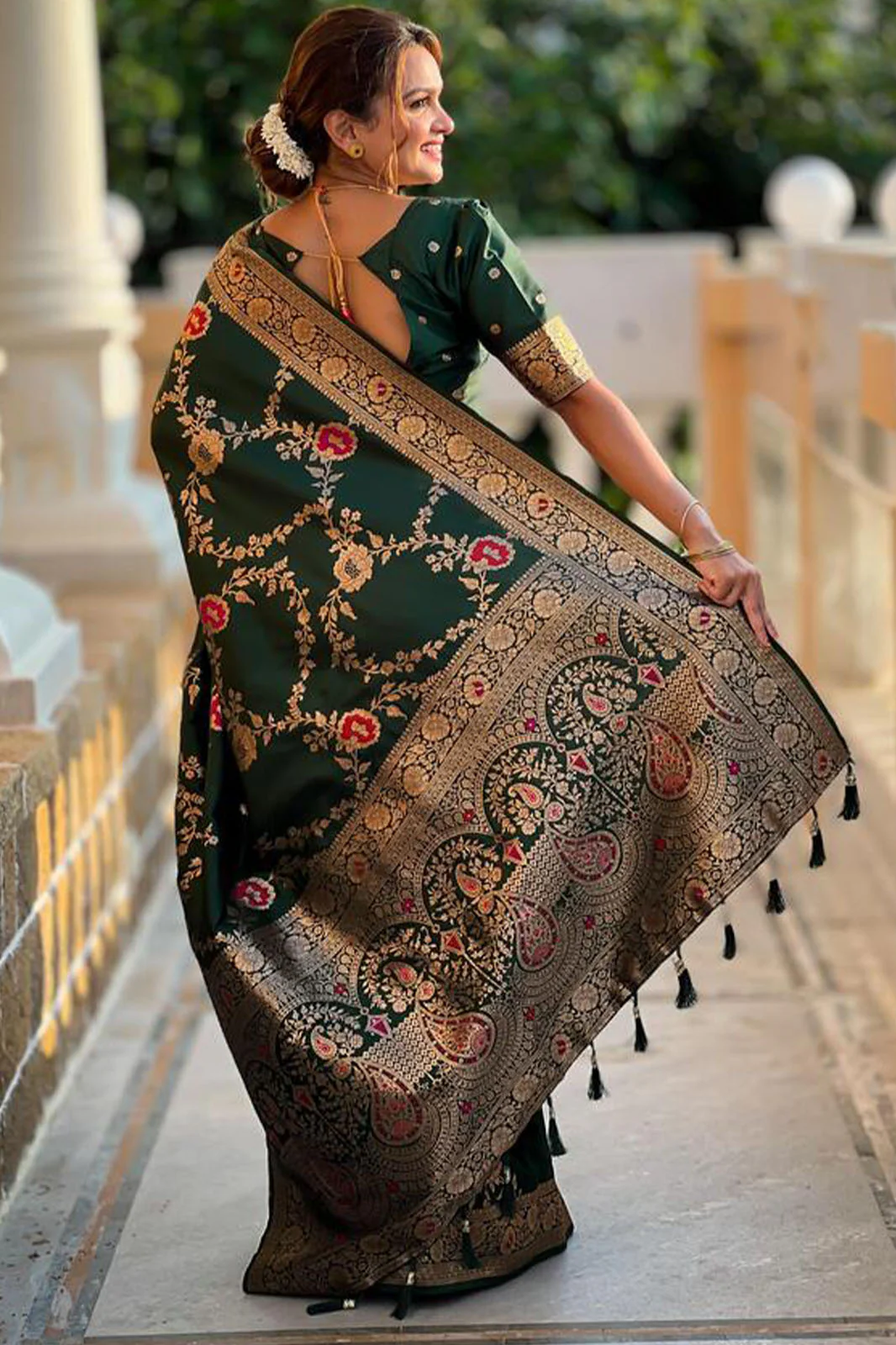 Designer Dark Green Soft Banarasi Silk Saree With Surpassing Blouse Piece - Image 4