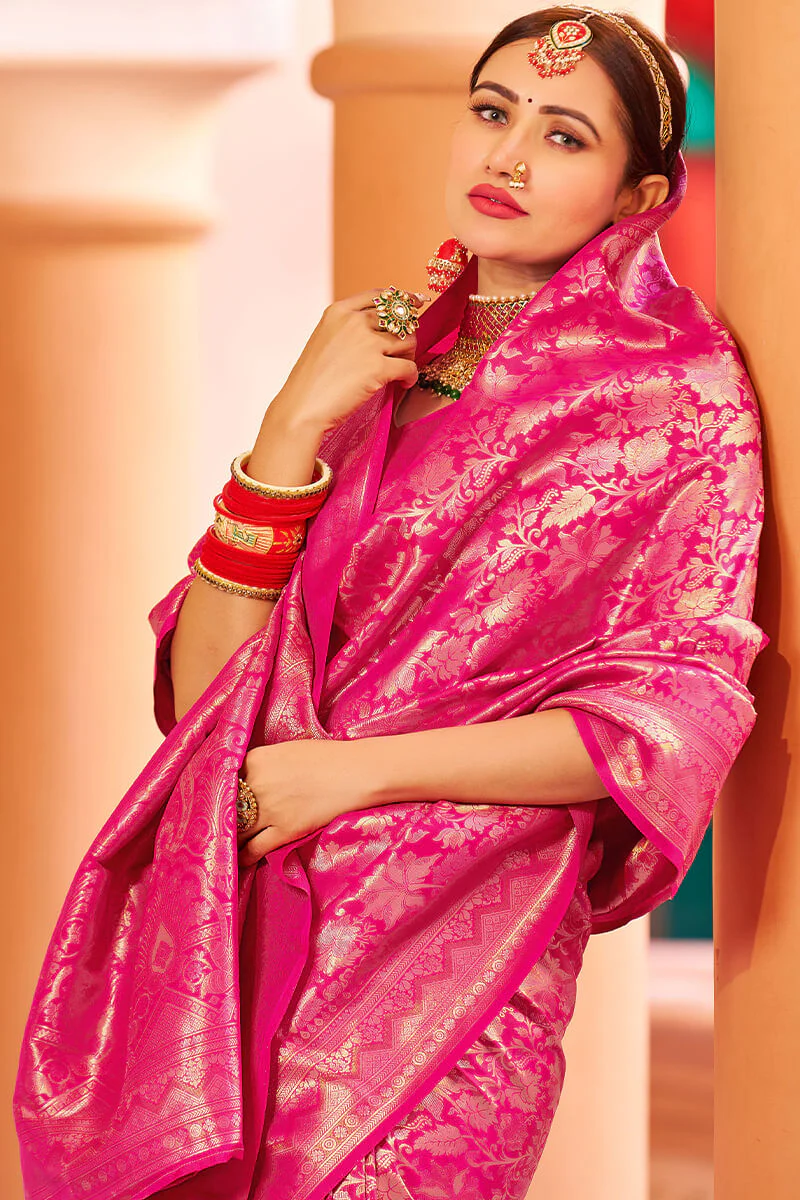 Designer Dark Pink Kanjivaram Silk Saree With Ethnic Blouse Piece - Image 2