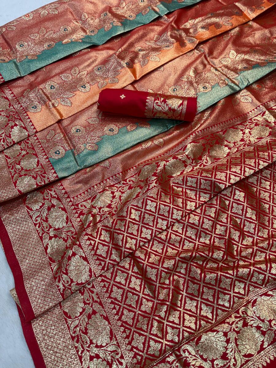 Designer Multicolor Pure Zari Weaving Banarasi Silk Saree With Demesne Blouse Piece - Image 3