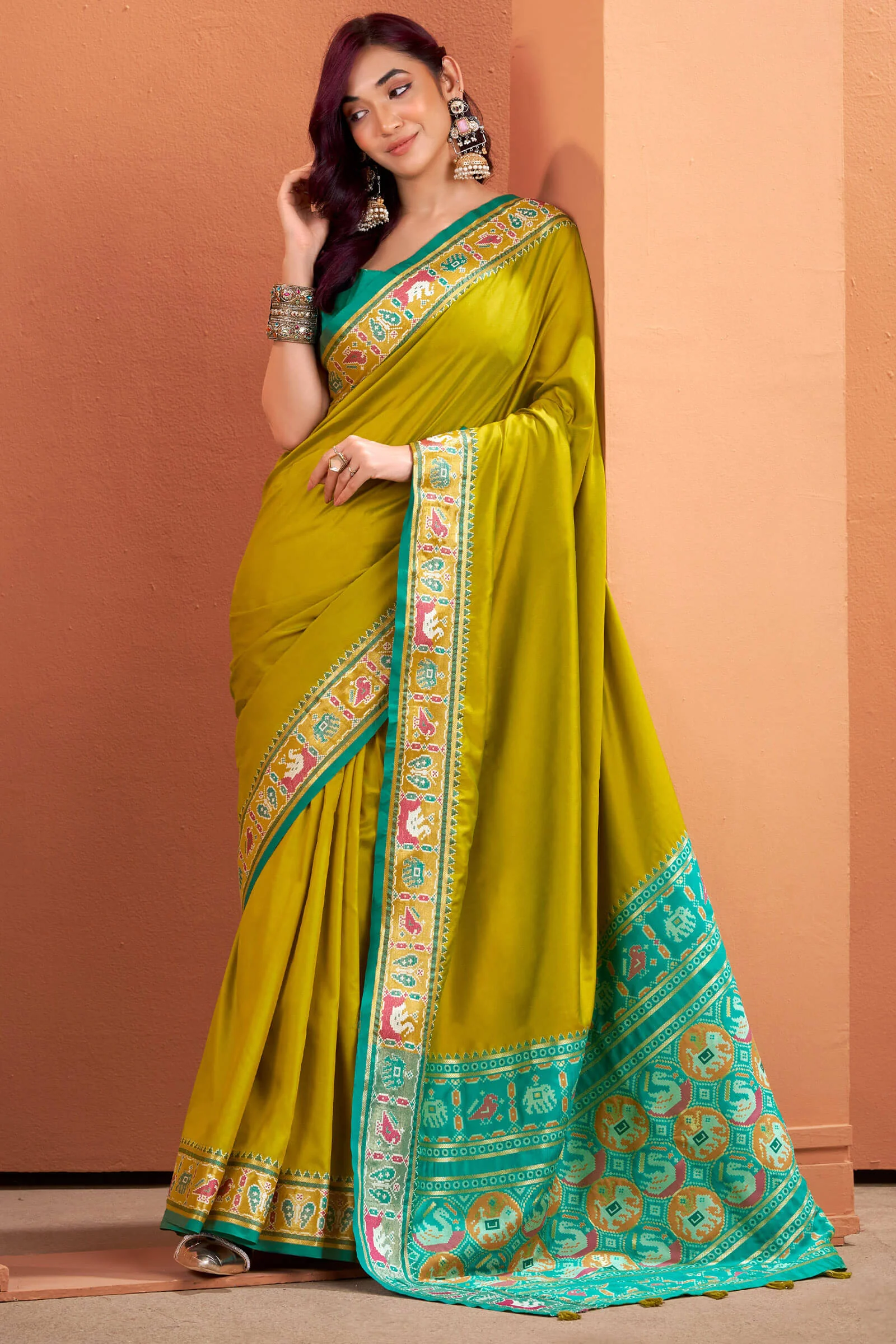 Designer Mustard Patola Silk Saree with Entrancing Blouse Piece - Image 3