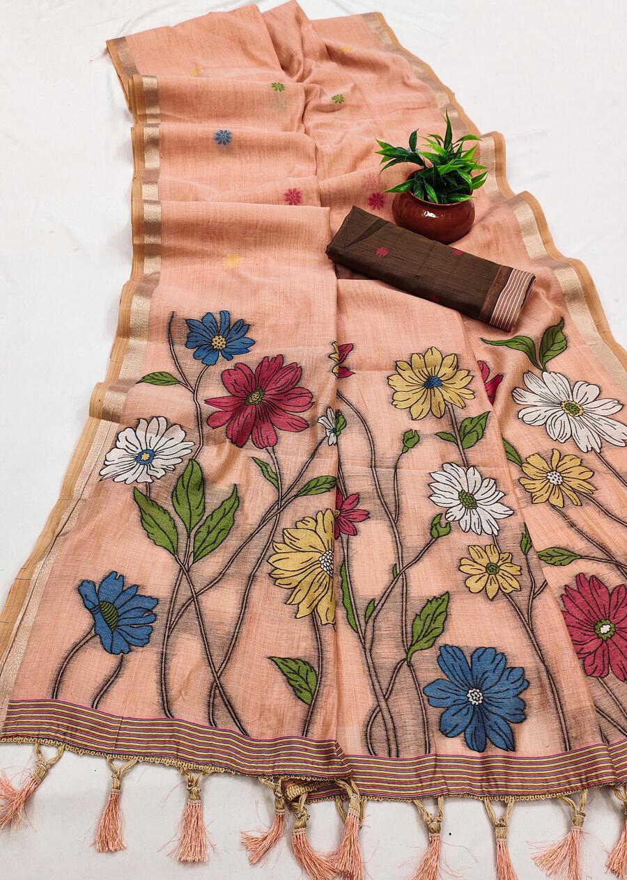 Designer Peach Pure Munga Cotton Silk Saree With Adorning Blouse Piece - Image 2
