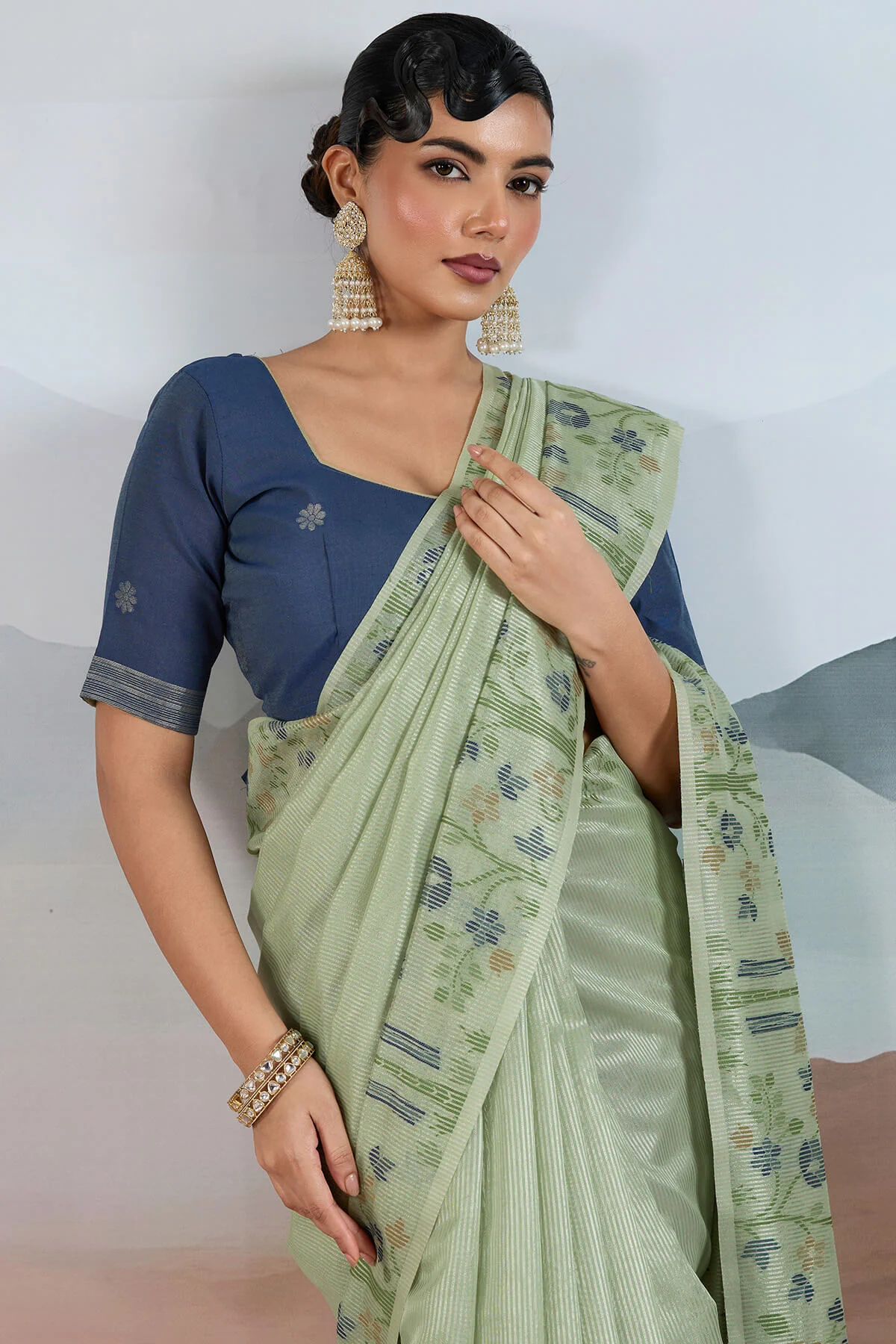 Designer Pista Soft Banarasi Tissue Silk Saree With Exquisite Blouse Piece - Image 2