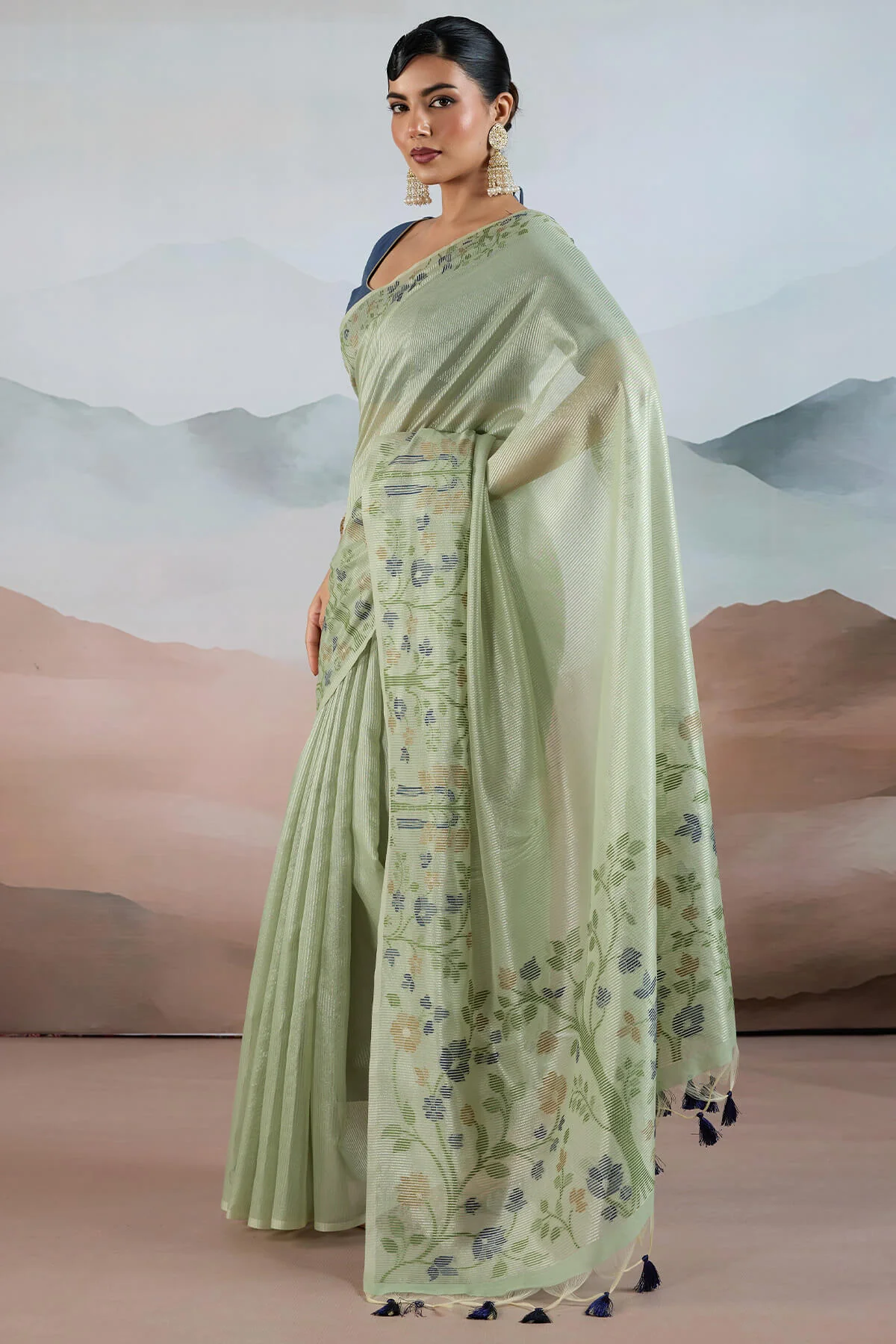 Designer Pista Soft Banarasi Tissue Silk Saree With Exquisite Blouse Piece - Image 3