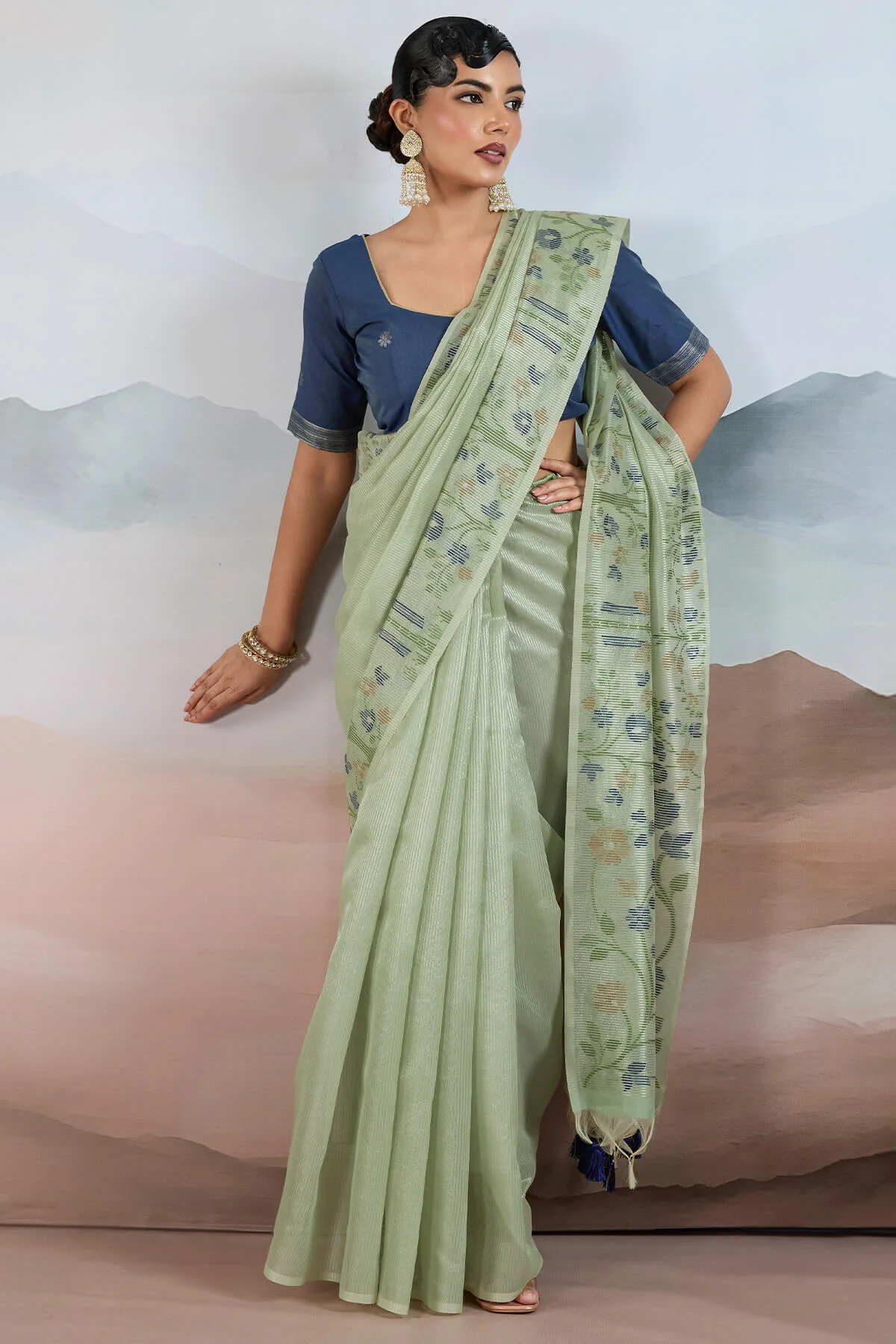 Designer Pista Soft Banarasi Tissue Silk Saree With Exquisite Blouse Piece - Image 4