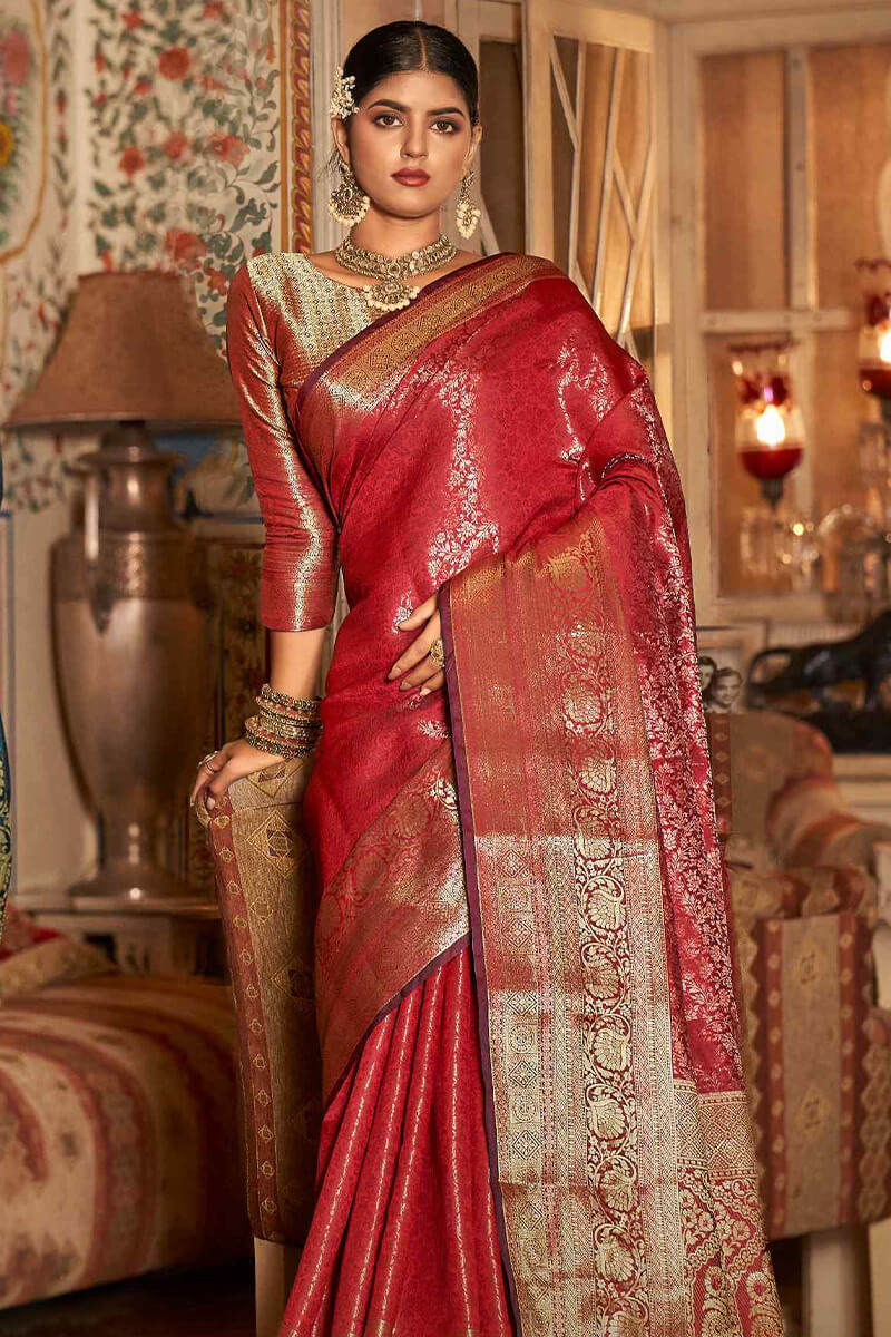 Designer Red Kanjivaram Silk Saree With Arresting Blouse Piece - Image 3