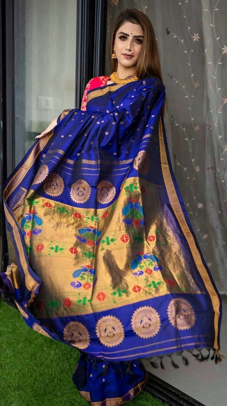 Designer Royal Blue Paithani Silk Saree With Flameboyant Blouse Piece - Image 4