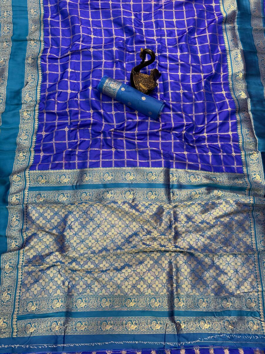 Designer Royal Blue Pure Zari Weaving Banarasi Silk Saree With Lustrous Blouse Piece - Image 3