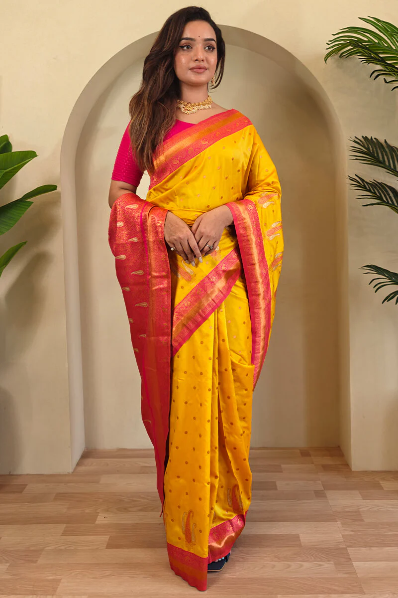 Designer Yellow Soft Banarasi Silk Saree With Adorning Blouse Piece - Image 3