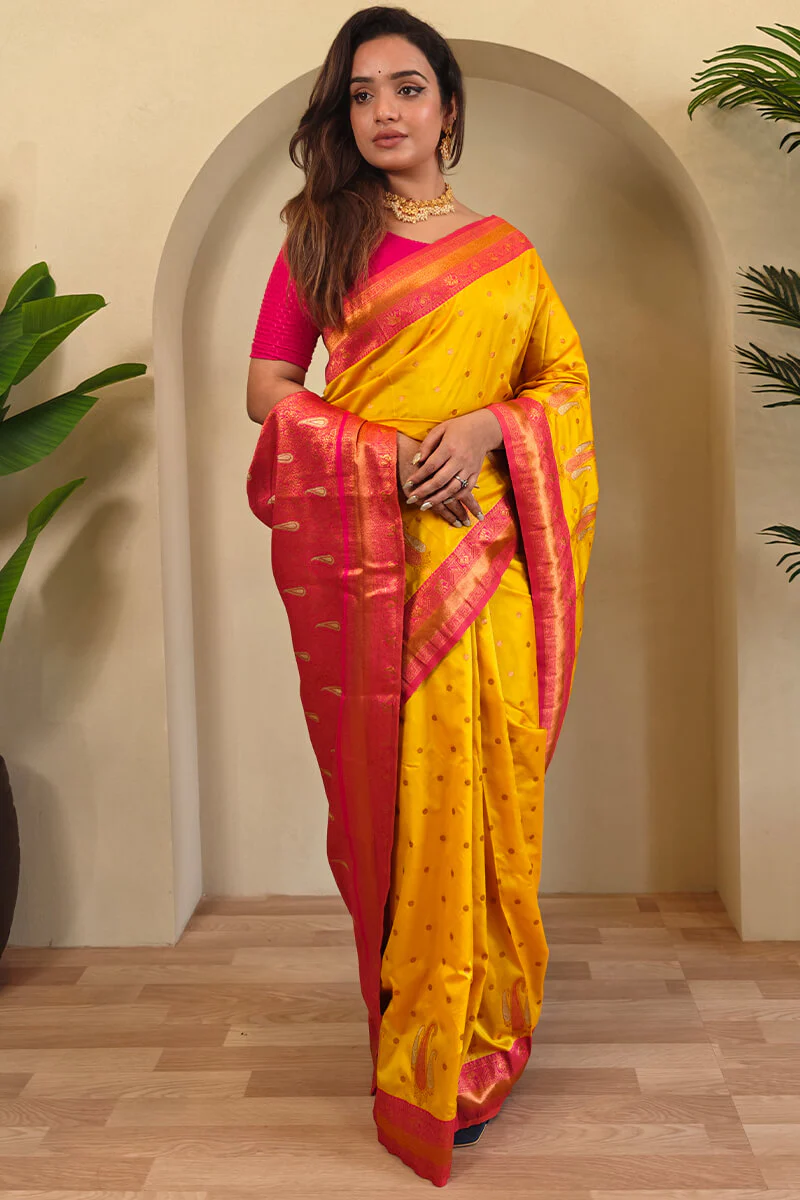 Designer Yellow Soft Banarasi Silk Saree With Adorning Blouse Piece - Image 5