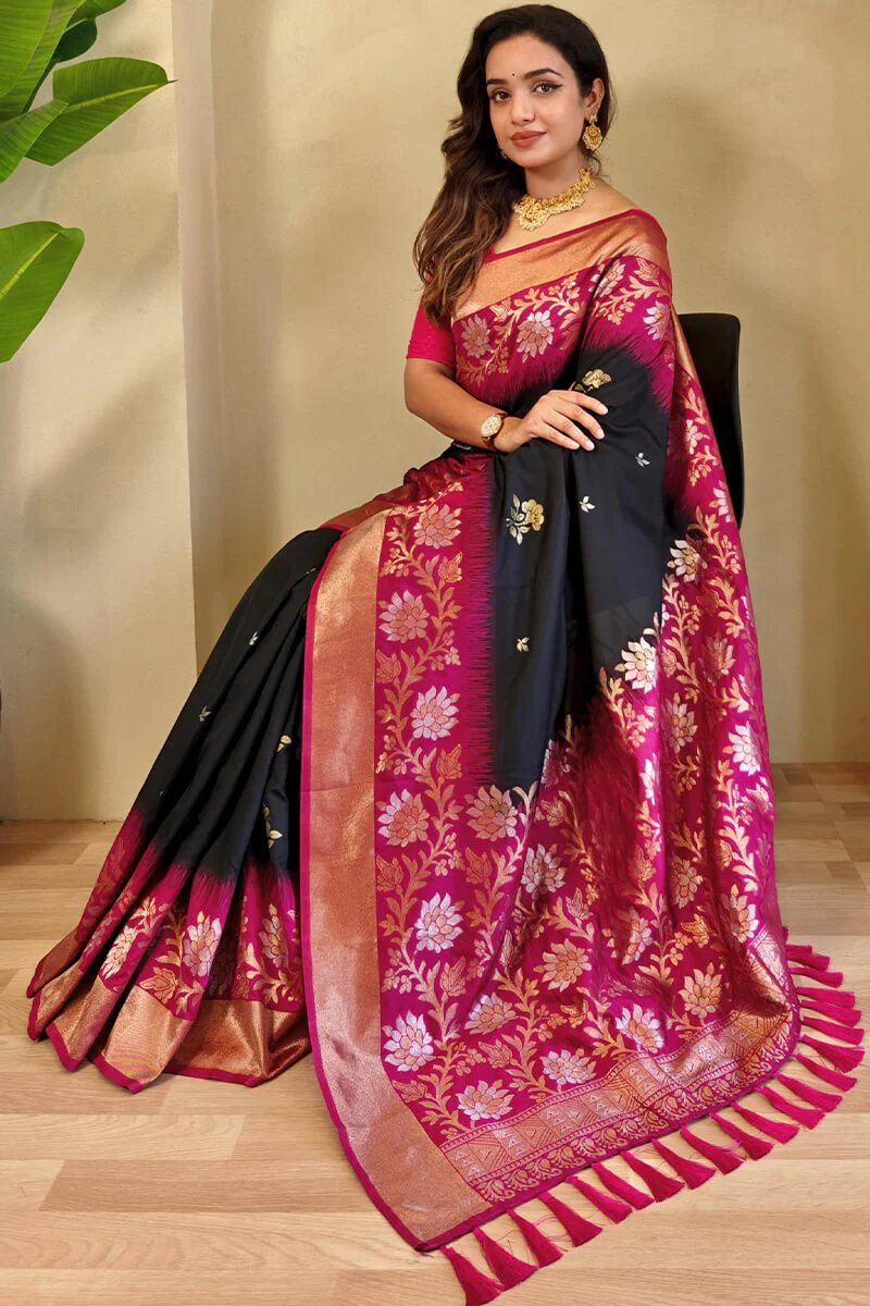Desirable Black Soft Banarasi Silk Saree With Ephemeral Blouse Piece - Image 2