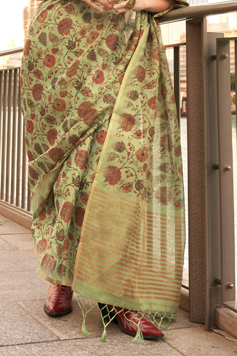 Desirable Mehndi Digital Printed Tissue Silk Saree With Ebullience Blouse Piece - Image 4