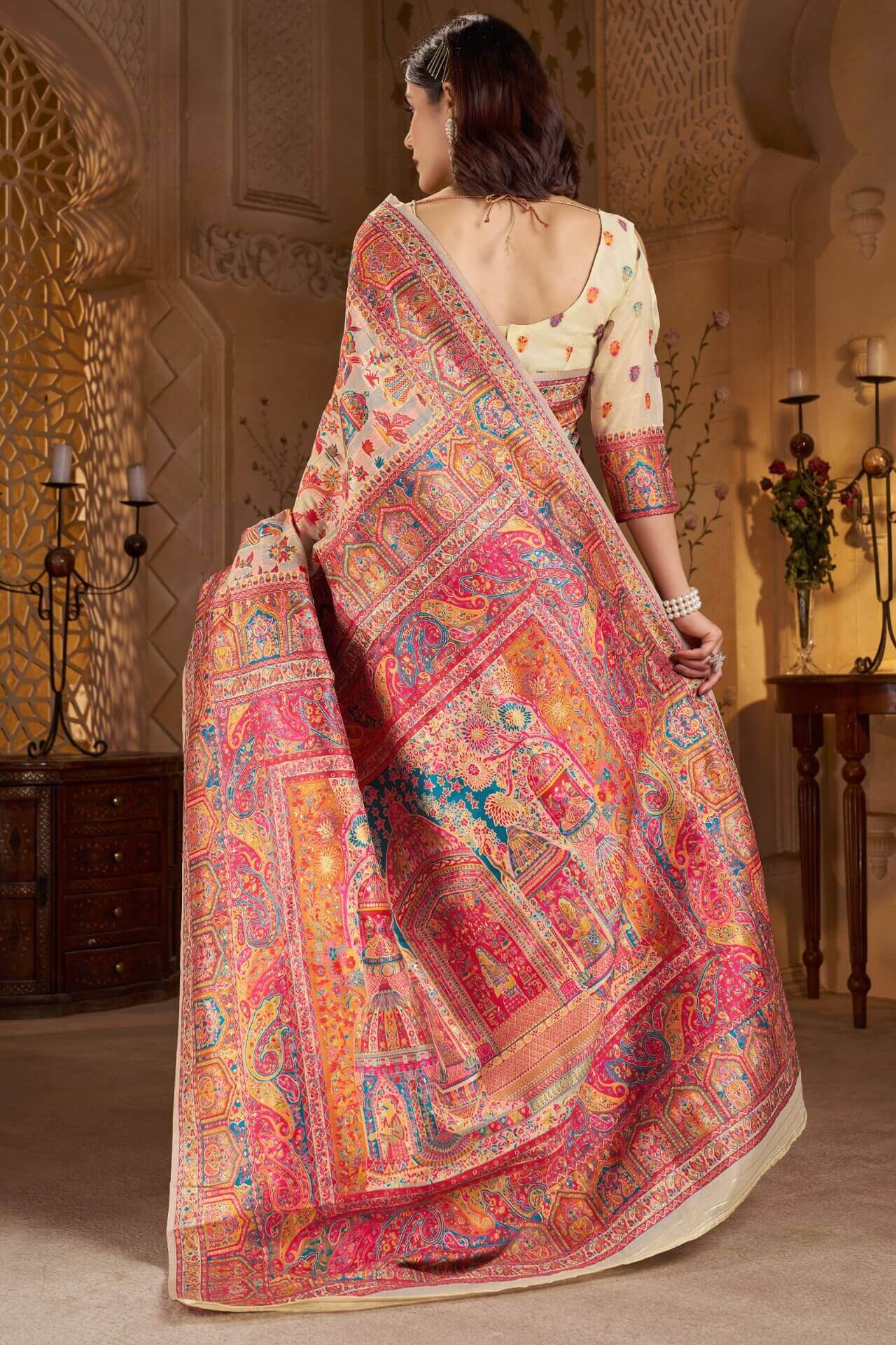 Desiring Beige Pashmina Saree With Artistic Blouse Piece - Image 5