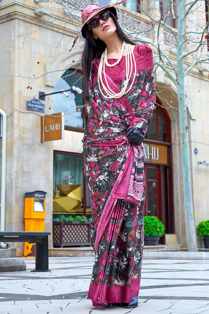 Desiring Magenta Digital Printed Satin Silk Saree With Opulent Blouse Piece - Image 2