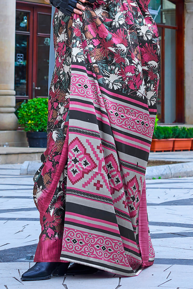Desiring Magenta Digital Printed Satin Silk Saree With Opulent Blouse Piece - Image 3