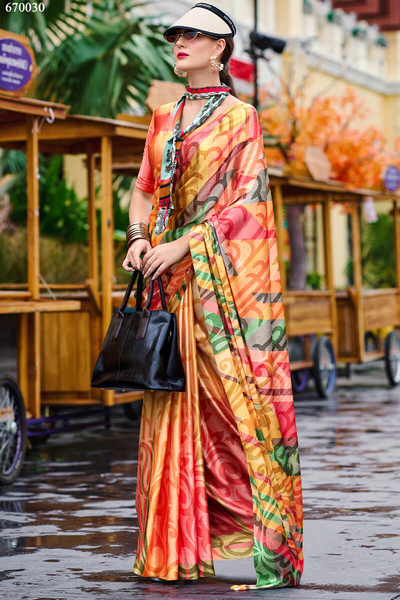 Desiring Multicolor Digital Printed Satin Silk Saree With Desiring Blouse Piece - Image 3