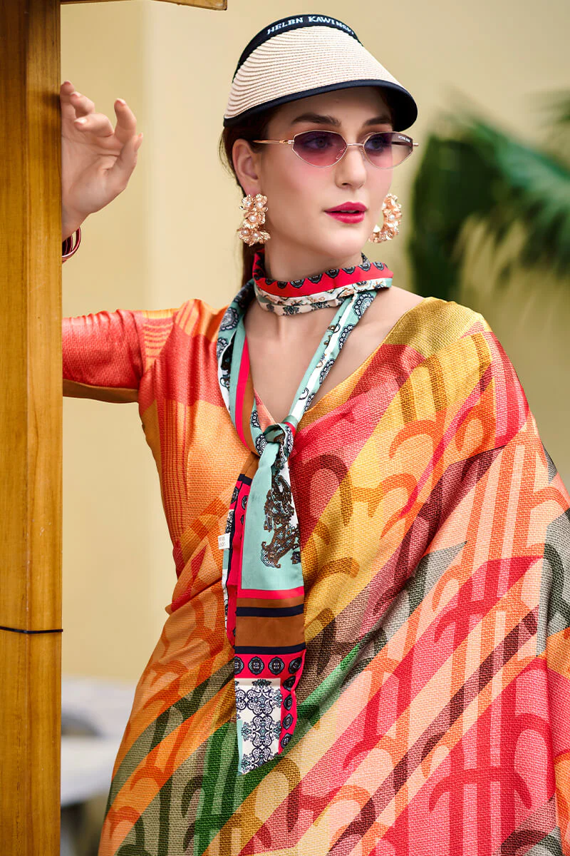 Desiring Multicolor Digital Printed Satin Silk Saree With Desiring Blouse Piece - Image 4