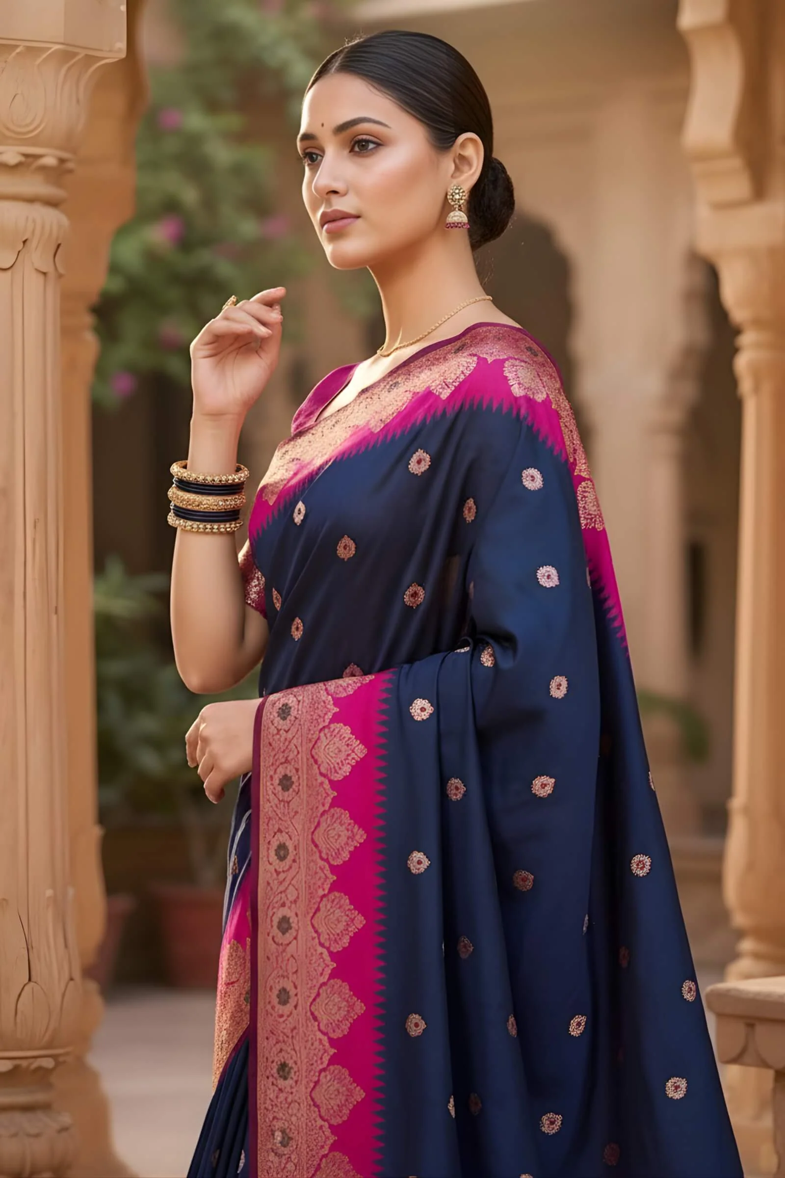 Desiring Navy Blue Pure Zari Weaving Banarasi Silk Saree With Staring Blouse Piece - Image 2