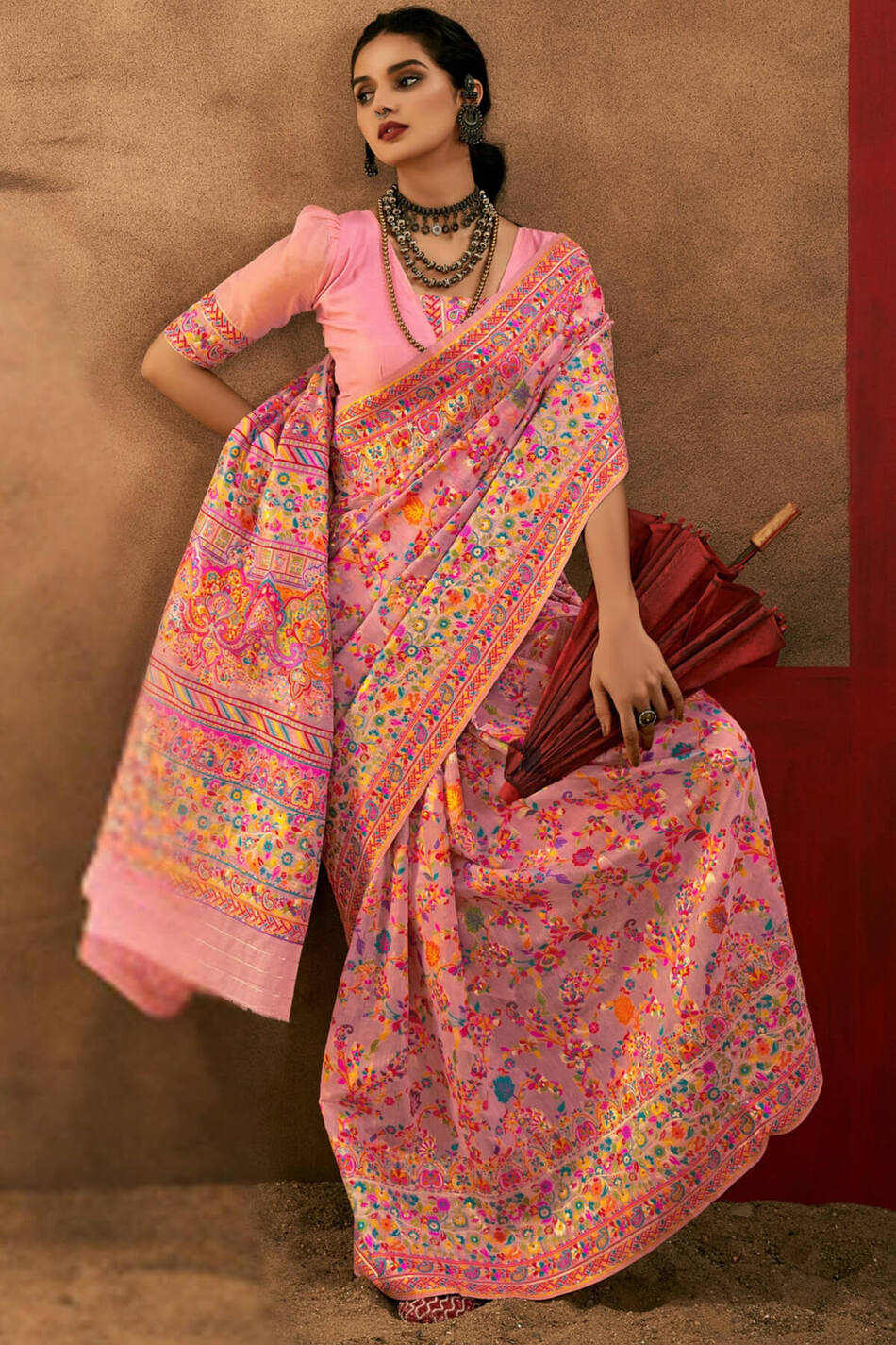 Desiring Pink Pashmina Saree With Mesmeric Blouse Piece - Image 3