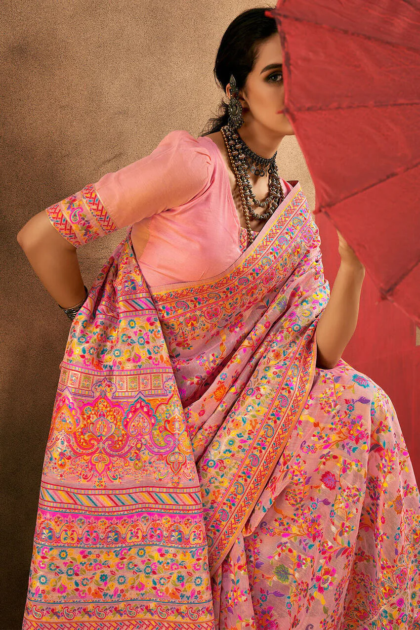 Desiring Pink Pashmina Saree With Mesmeric Blouse Piece - Image 4