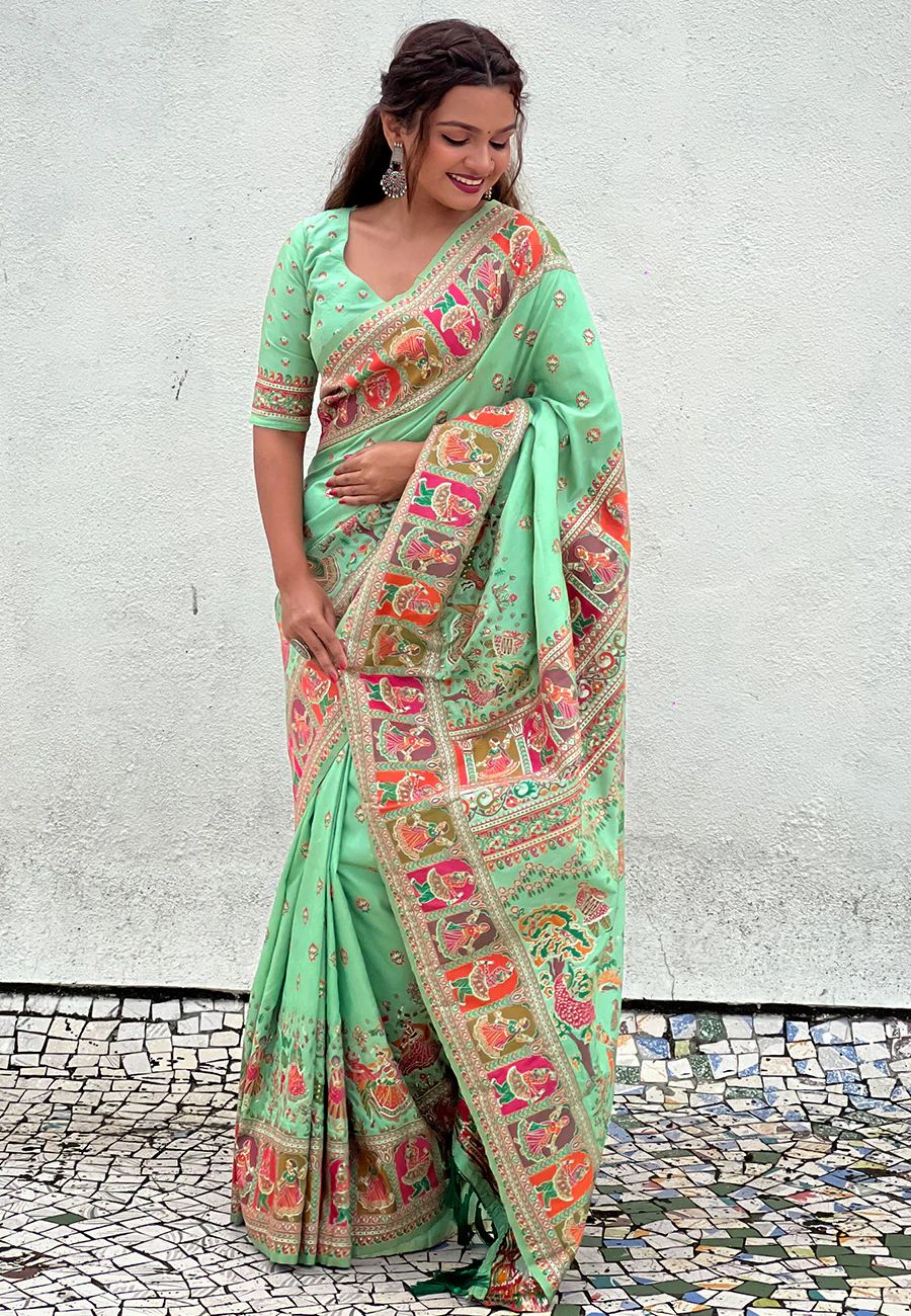 Desiring Pista Nylon Dola Pashmina Saree With Mesmeric Blouse Piece - Image 3