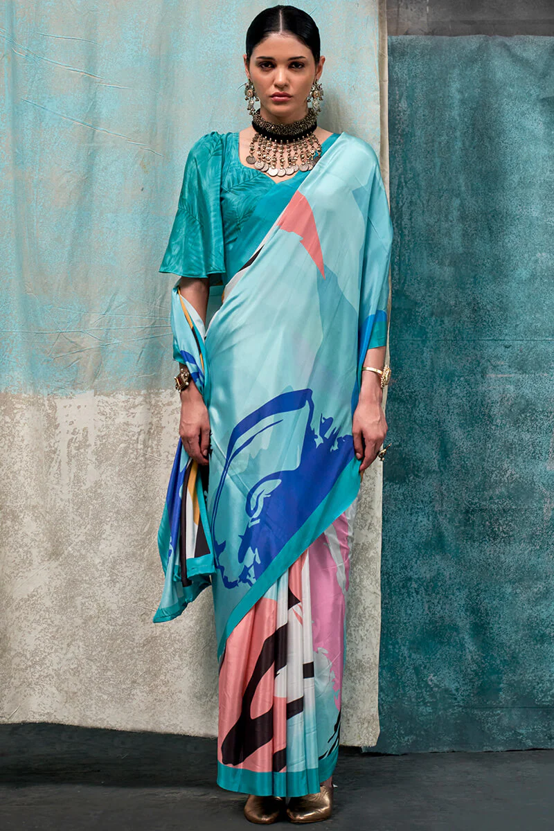 Desiring Sky Digital Printed Crape Silk Saree With Twirling Blouse Piece - Image 3