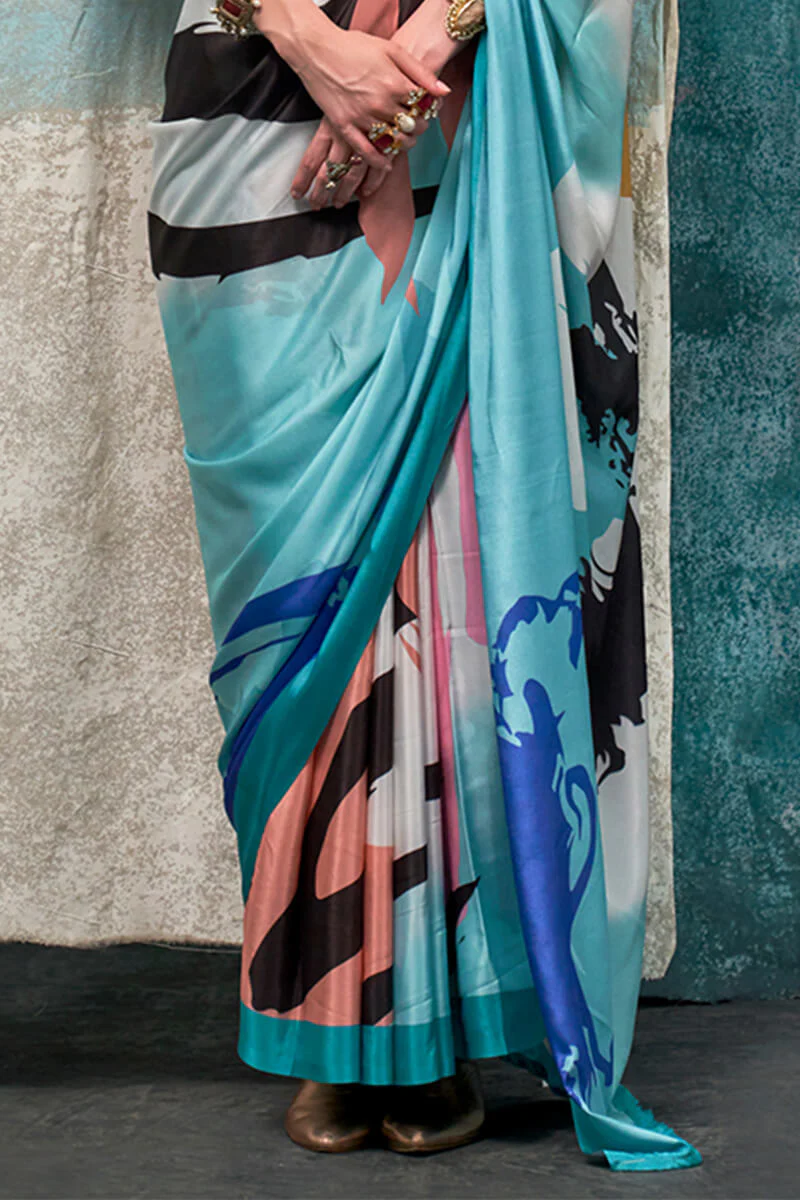 Desiring Sky Digital Printed Crape Silk Saree With Twirling Blouse Piece - Image 4