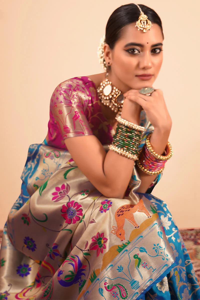 Desuetude Blue Paithani Silk Saree With Tempting Blouse Piece - Image 2