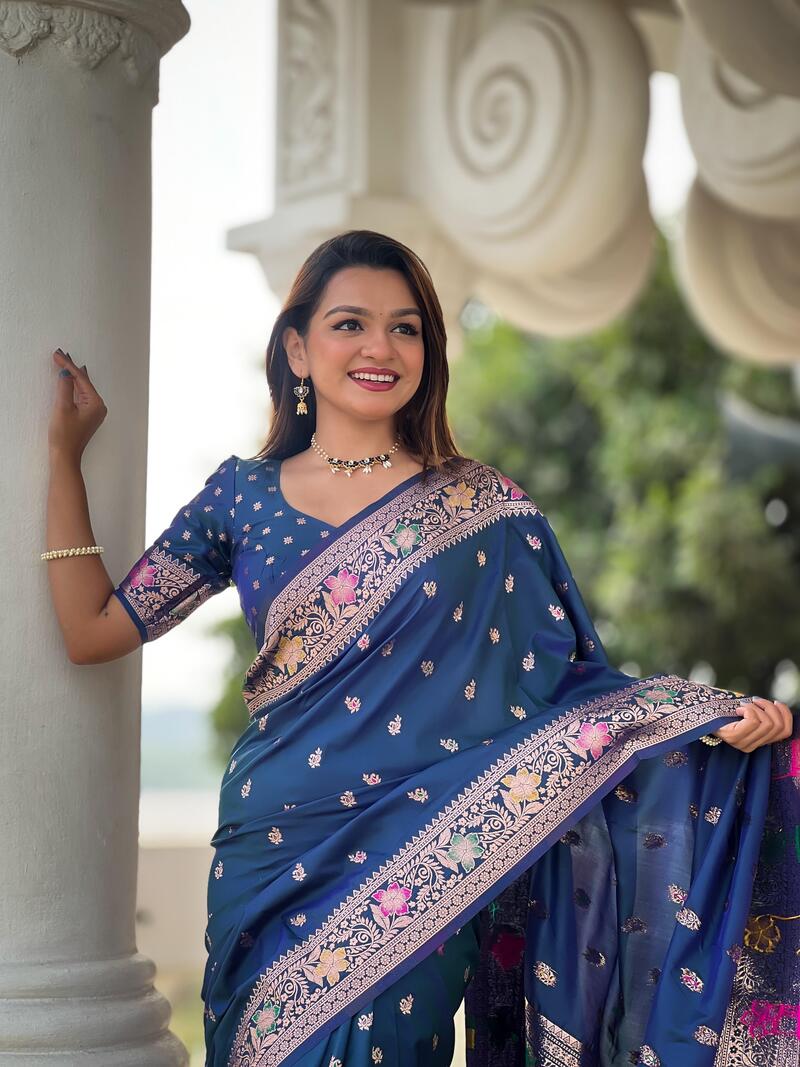 Desuetude Blue Soft Banarasi Silk Saree With Evocative Blouse Piece - Image 2