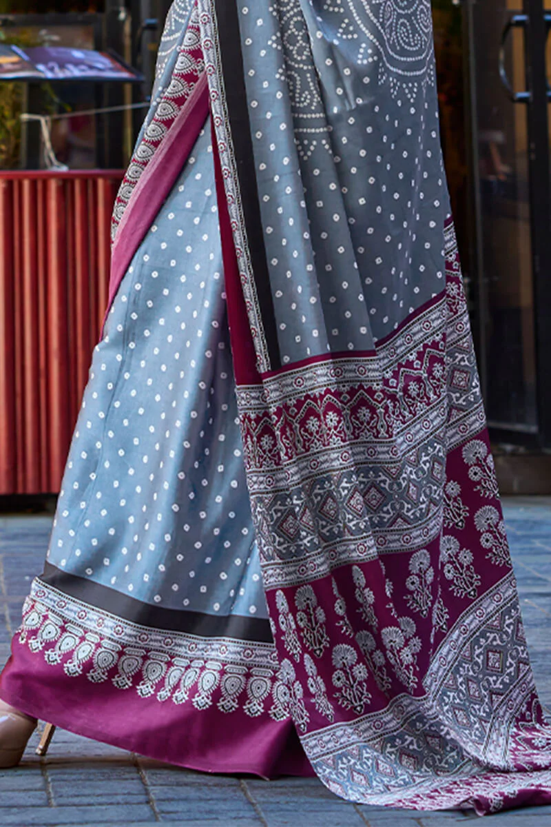 Desuetude Grey Digital Printed Satin Silk Saree With Diaphanous Blouse Piece - Image 4