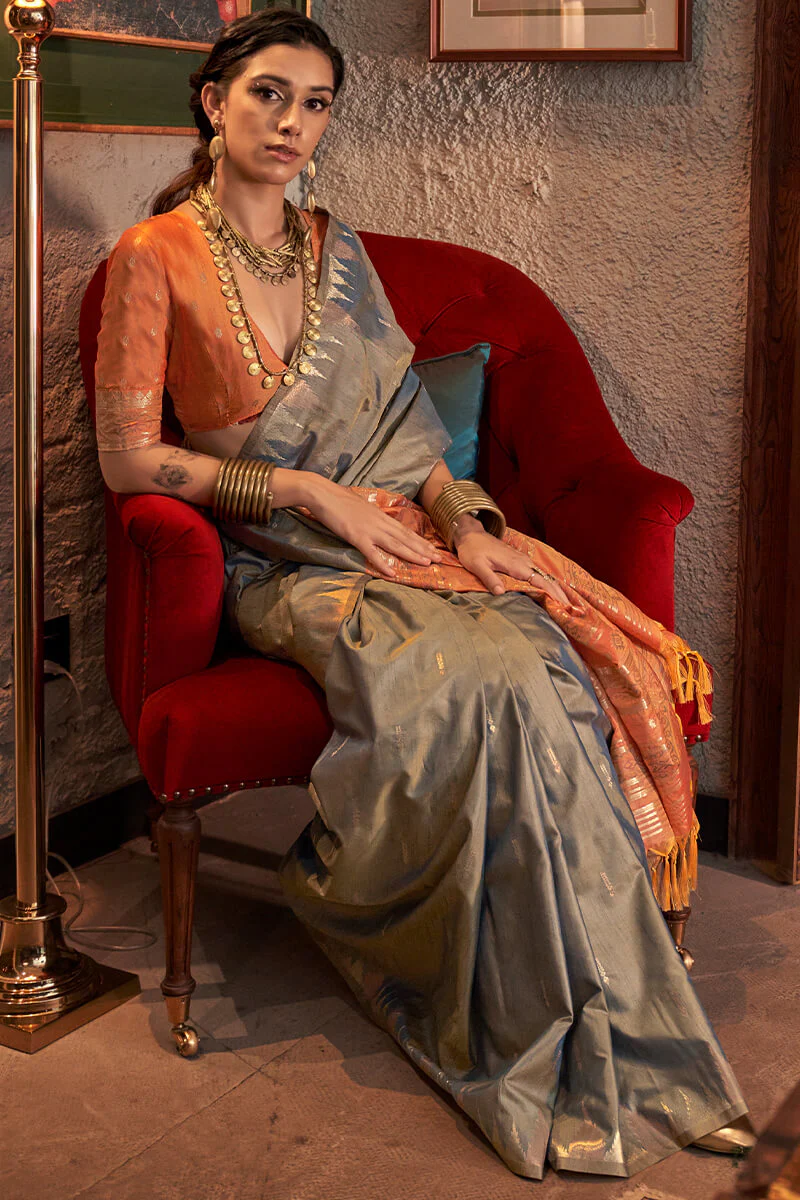 Desuetude Grey Soft Banarasi Silk Saree With Inspiring Blouse Piece - Image 2