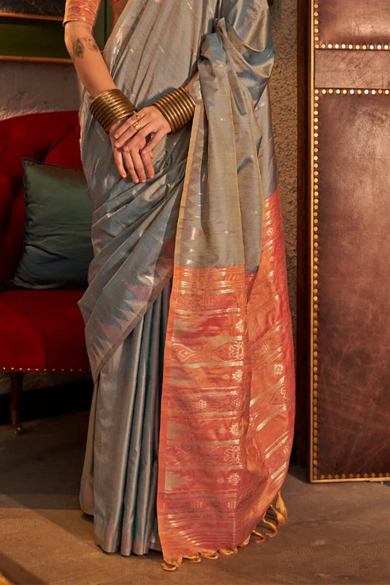 Desuetude Grey Soft Banarasi Silk Saree With Inspiring Blouse Piece - Image 3