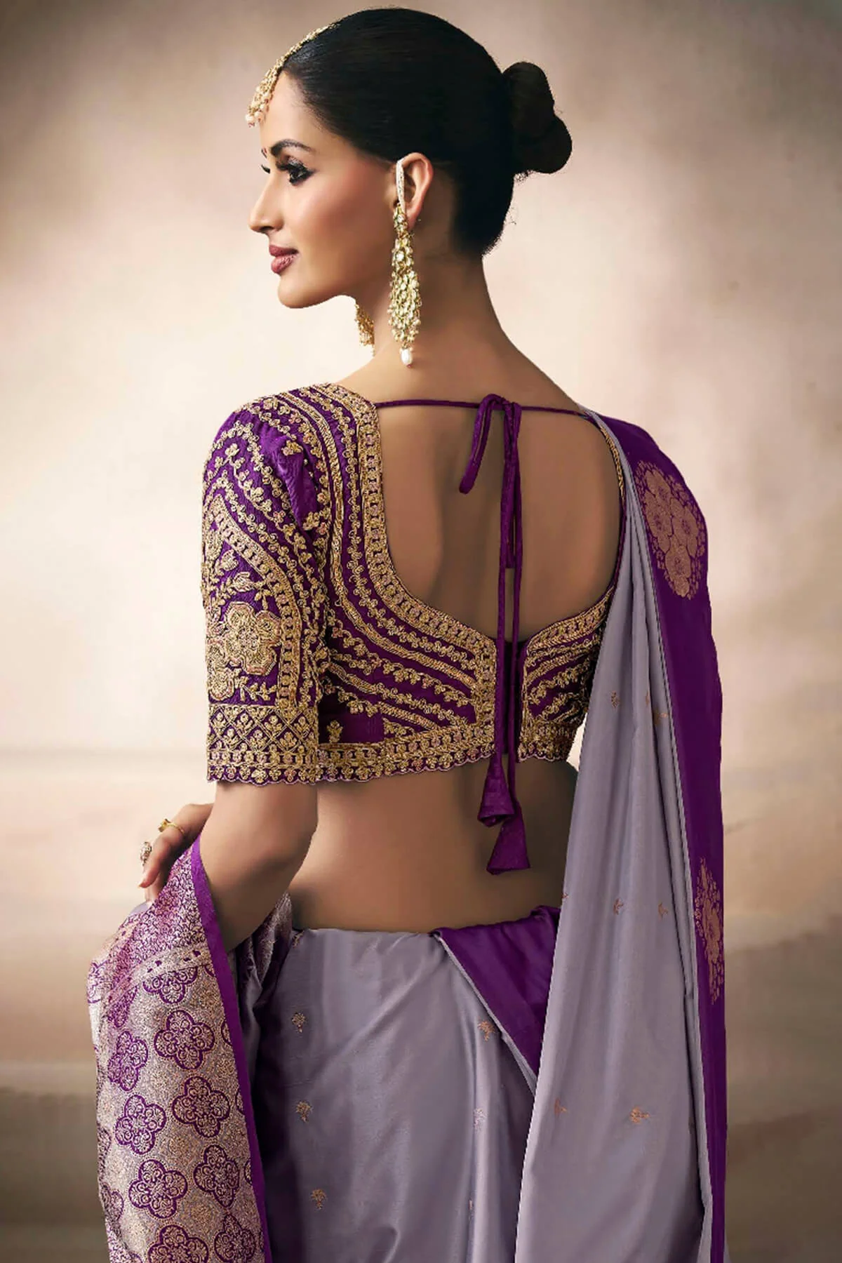 Desuetude Lavender Banarasi Satin Silk Saree With Breathtaking Blouse - Image 3