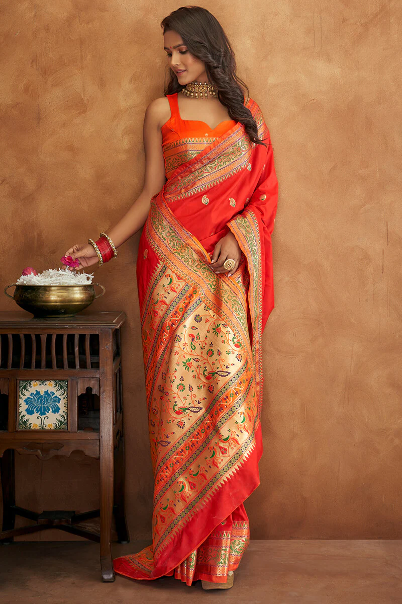 Desuetude Red Soft Banarasi Silk Saree With Imbrication Blouse - Image 3