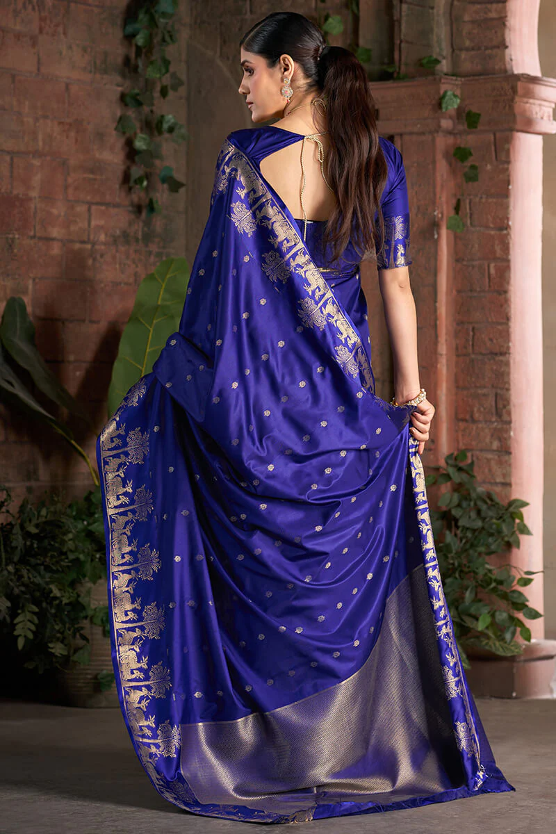 Desuetude Royal Blue Pure Zari Weaving Banarasi Silk Saree With Sumptuous Blouse Piece - Image 5