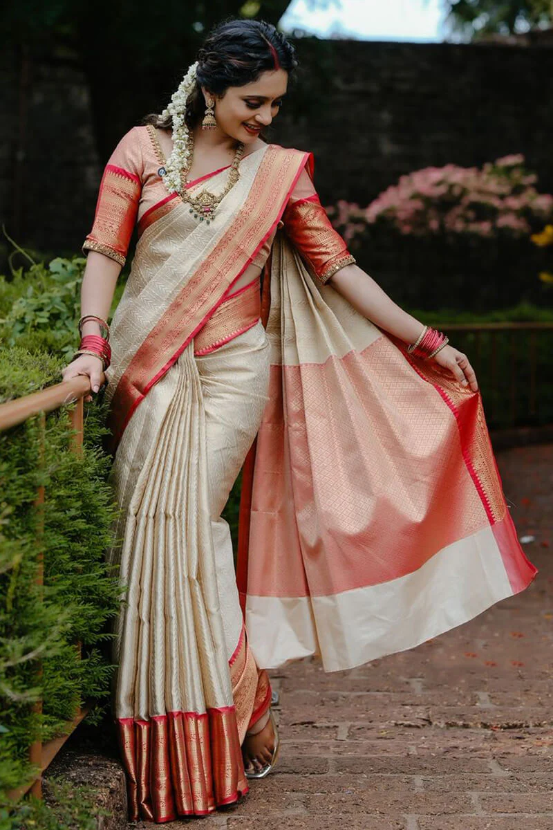 Desultory Beige Soft Silk Saree With Snappy Blouse Piece - Image 3