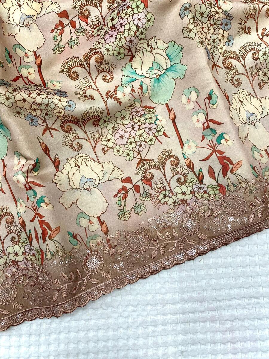 Desultory Brown Embroidery Work Tussar Silk Saree With Innovative Blouse Piece - Image 3