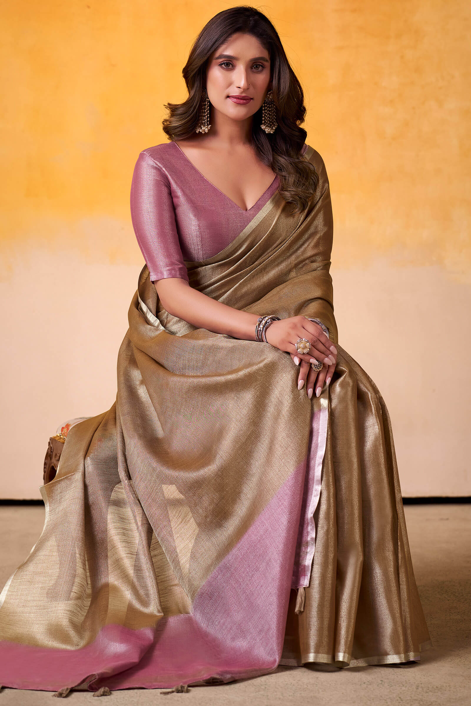 Desultory Brown Soft Banarasi Tissue Silk Saree With Designer Blouse Piece - Image 3