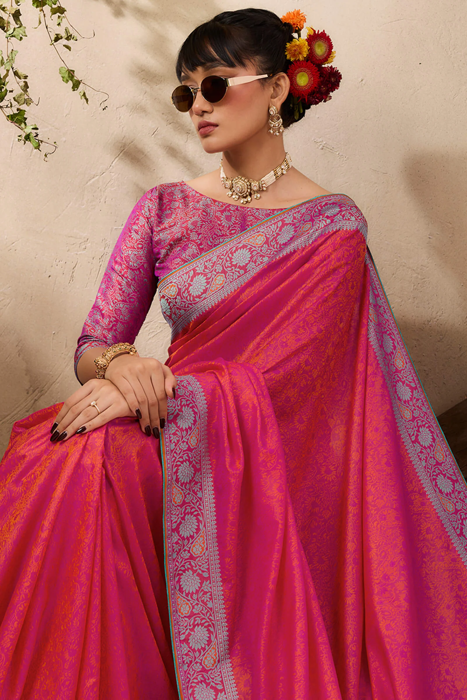 Desultory Dark Pink Kanjivaram Silk Saree With Adorable Blouse Piece - Image 6
